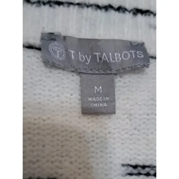T by TALBOTS Sweater Space Dye Mock Neck Zip White/Black Sz M Wool Blend - Picture 8 of 9